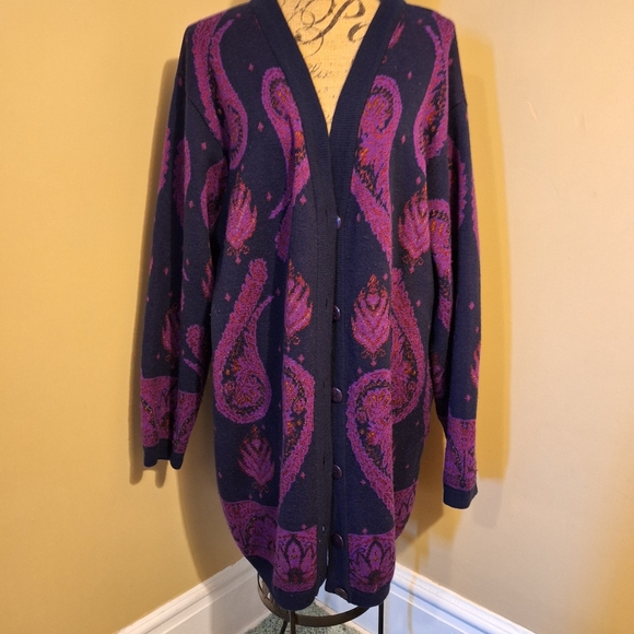 JEANNE PIERRE Sweaters - Vintage Jeanne Pierre Purple & Blue Cardigan Paisley Pattern